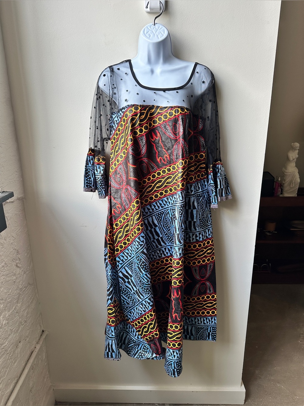 Multicolor Geometric Print Dress Sheer Star Mesh Sleeves Pocket Womens S M